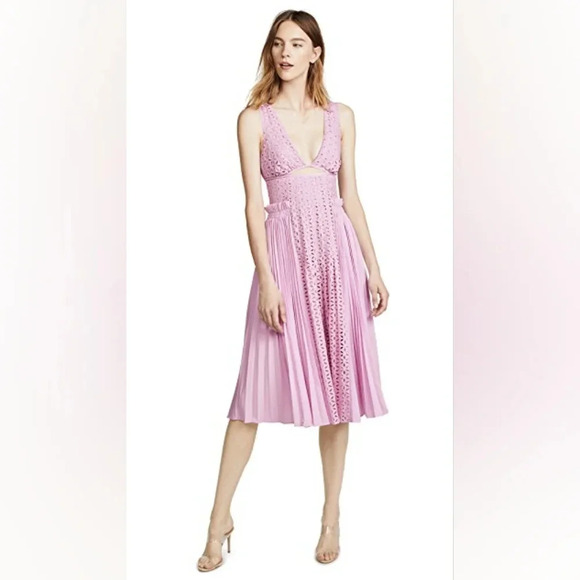 Self Portrait Broderie Anglaise And Pleated Panel Midi Lilac Dress Size 0 - Picture 3 of 12